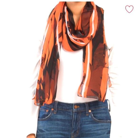 FURLA Semi sheer logo print Silk Scarf orange/ Black Made In Italy - Picture 1 of 12